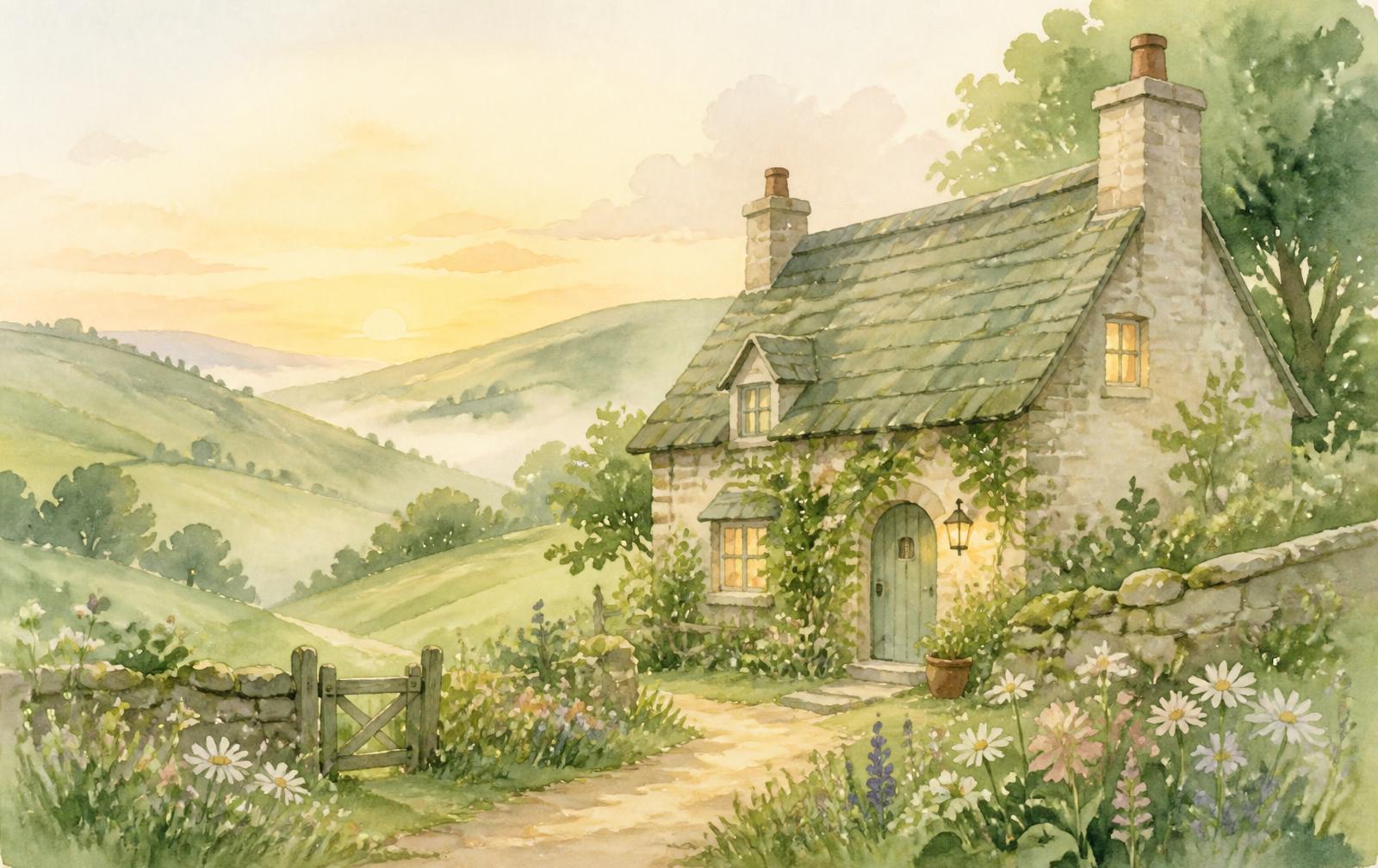 Watercolor countryside cottage at soft morning light with rolling sage hills